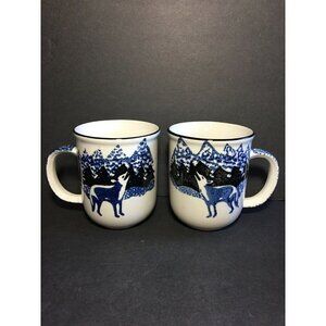 Tienshan Folk Craft Wolf Coffee Mugs Tea Cups 2 Count Lodge Cabin Blue Ceramic